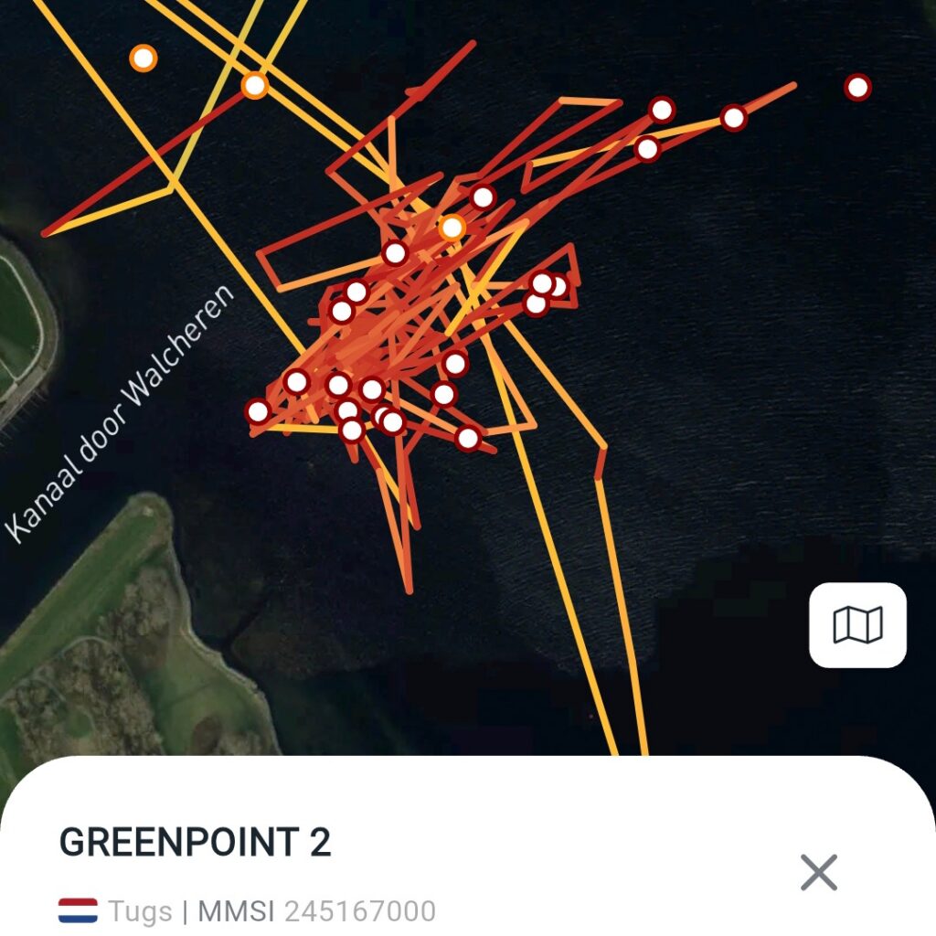 Operationele vaarbewegingen van Greenpoint 2 bij het Kanaal door Walcheren