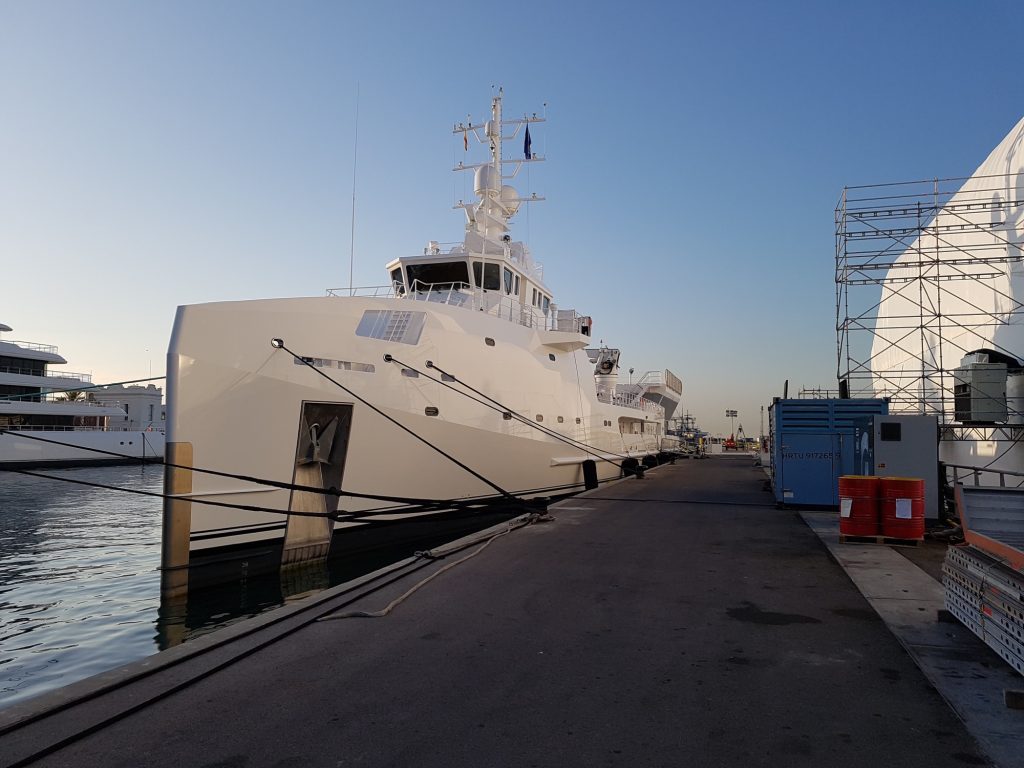 Yacht support vessel alongside at the MB92 yard in Barcelona