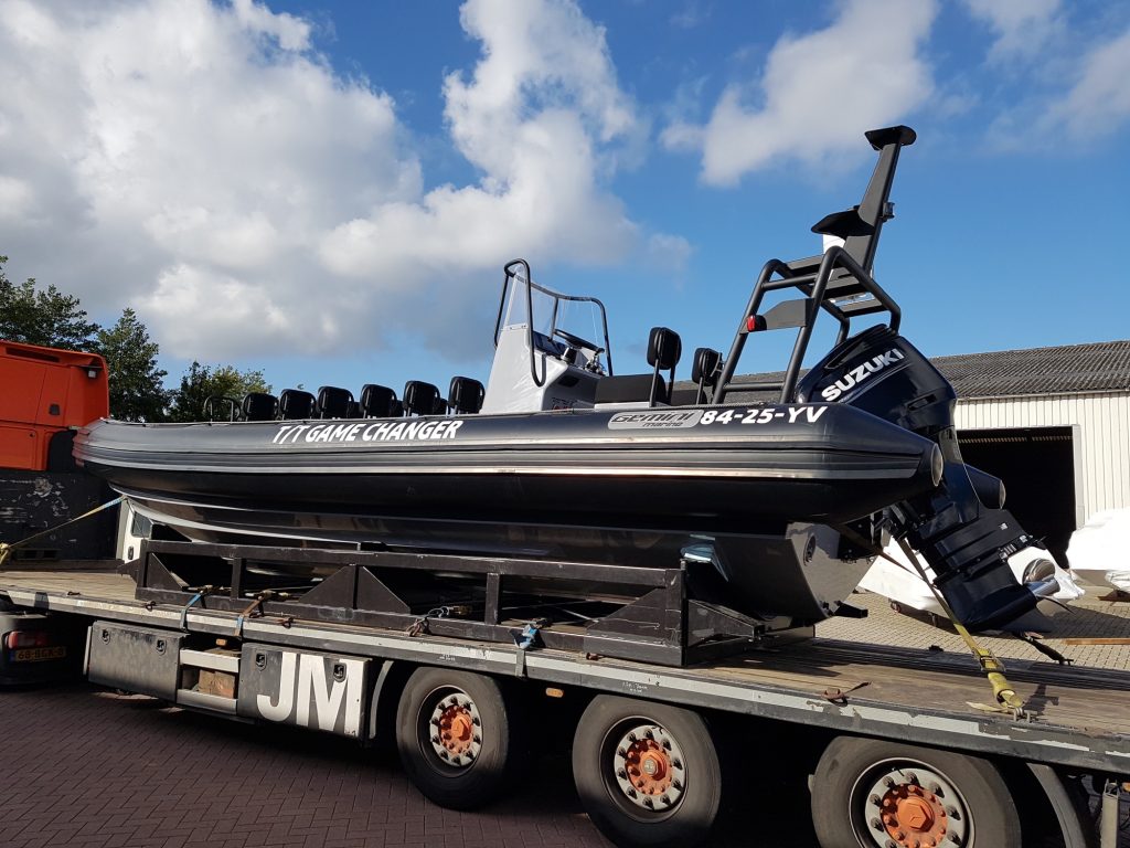 Support RIB prepared for transport to Barcelona
