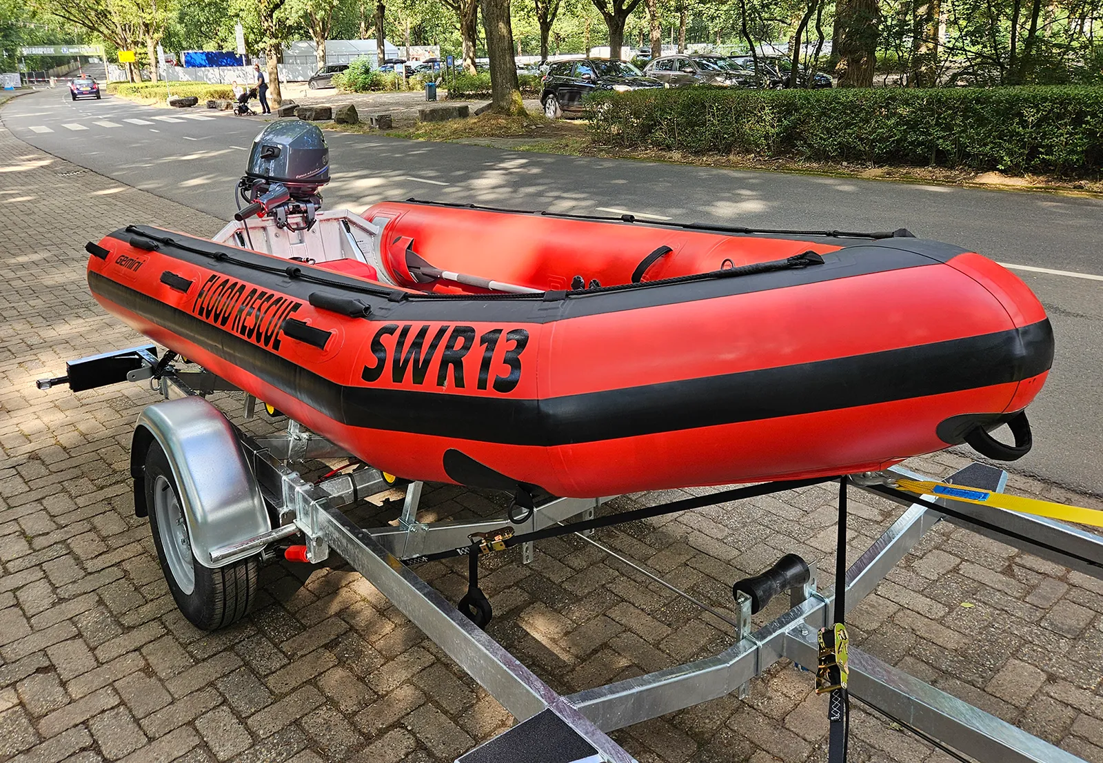 Gemini Marine SWR13 rescue boat on a trailer