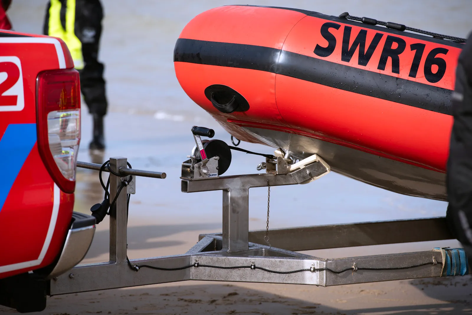 Bow of the Gemini Marine SWR16 on a trailer