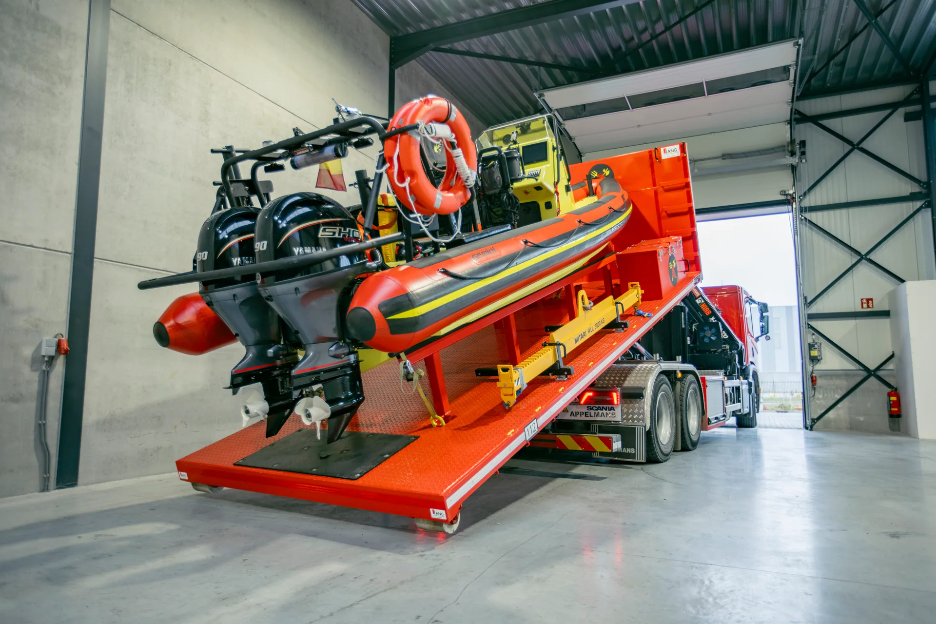 Gemini Marine rescue RIB with rescue equipment on a fire service vehicle
